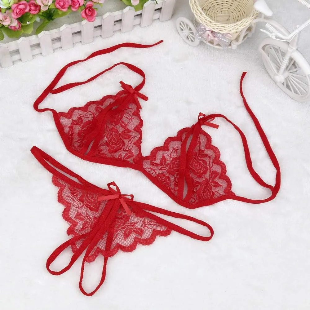 Lingerie for Women Sexy 2 Piece Set Sheer Bra and Panty Floral Lace Mesh Sleepwear Bralette G-String Underwear