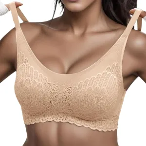 Seamless Wireless Bra No Wire Scallop Lace Bralette for Women Lightweight Low Cut Sleep Bra with Soft Support