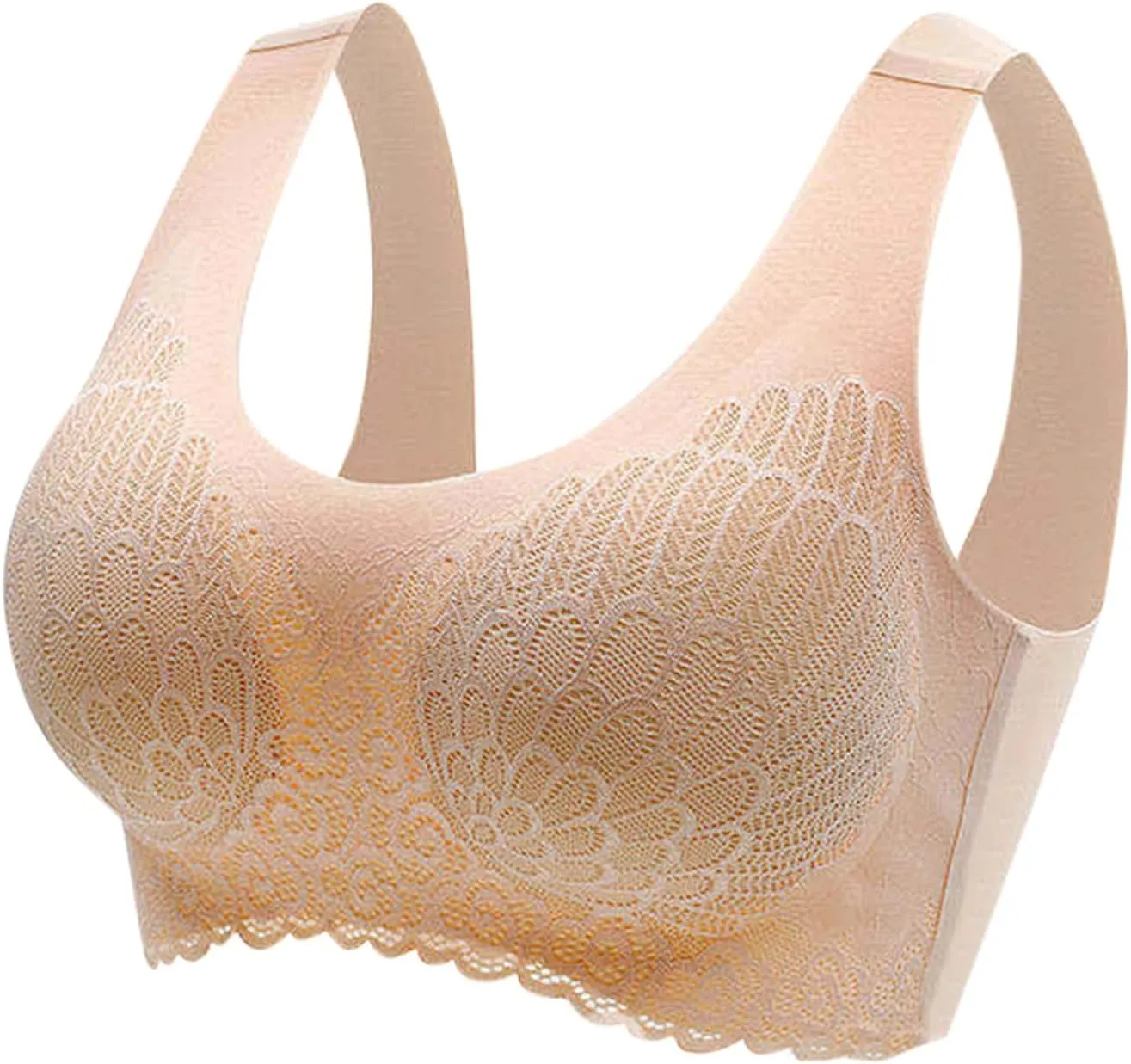 Seamless Wireless Bra No Wire Scallop Lace Bralette for Women Lightweight Low Cut Sleep Bra with Soft Support
