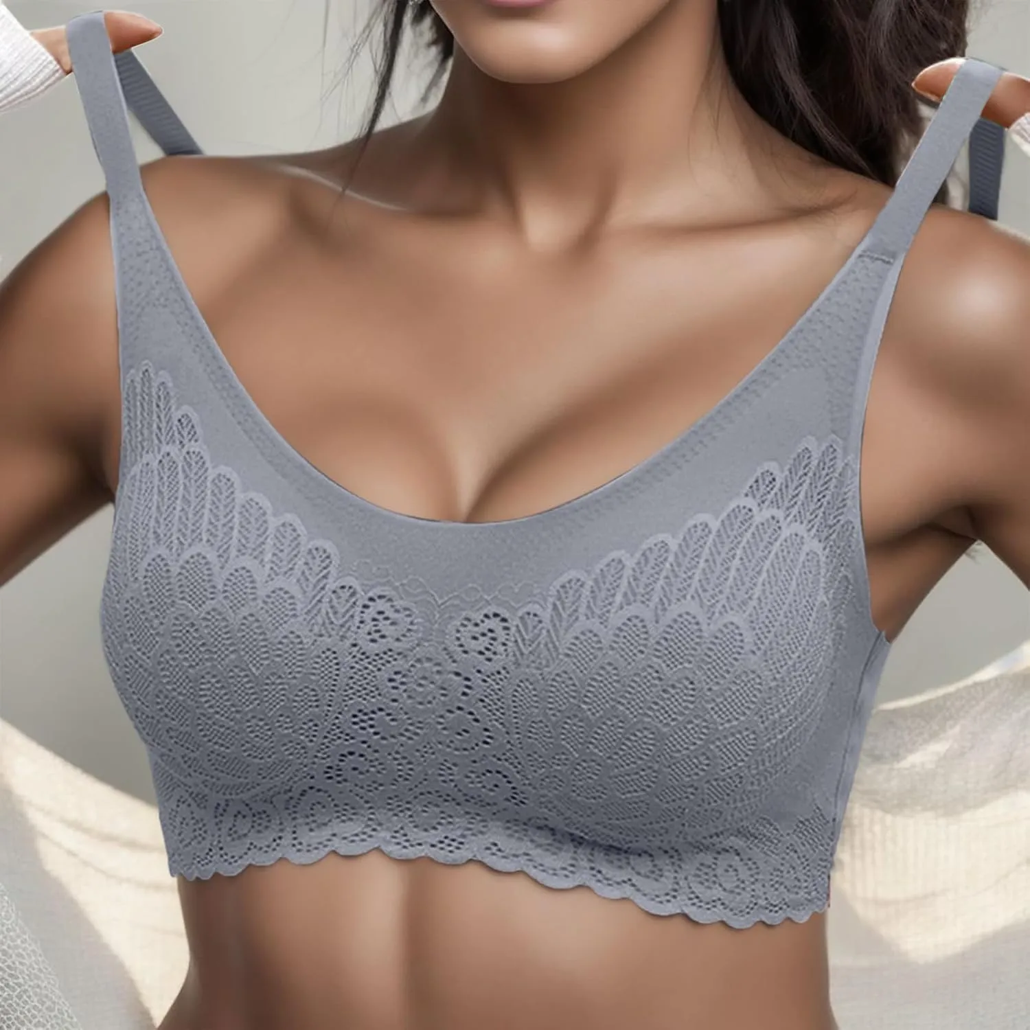 Seamless Wireless Bra No Wire Scallop Lace Bralette for Women Lightweight Low Cut Sleep Bra with Soft Support