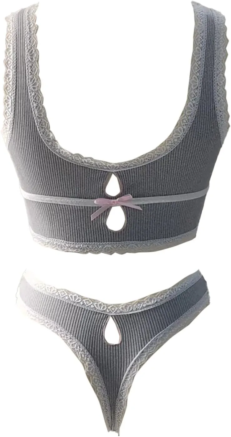 Seductive Women's Lace Trim V Neck Rib Knit Underwire Lingerie Set Bralettes and Panty Combinations for Alluring