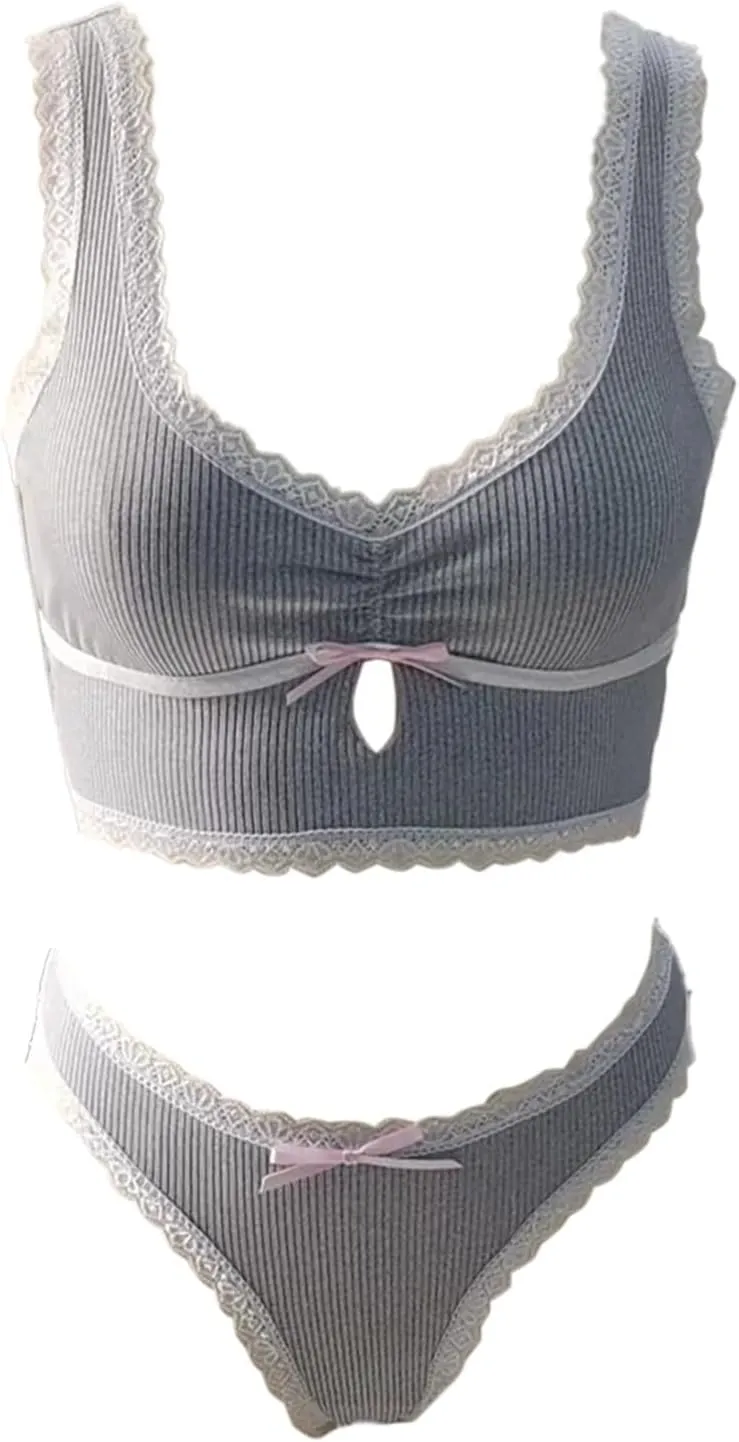 Seductive Women's Lace Trim V Neck Rib Knit Underwire Lingerie Set Bralettes and Panty Combinations for Alluring