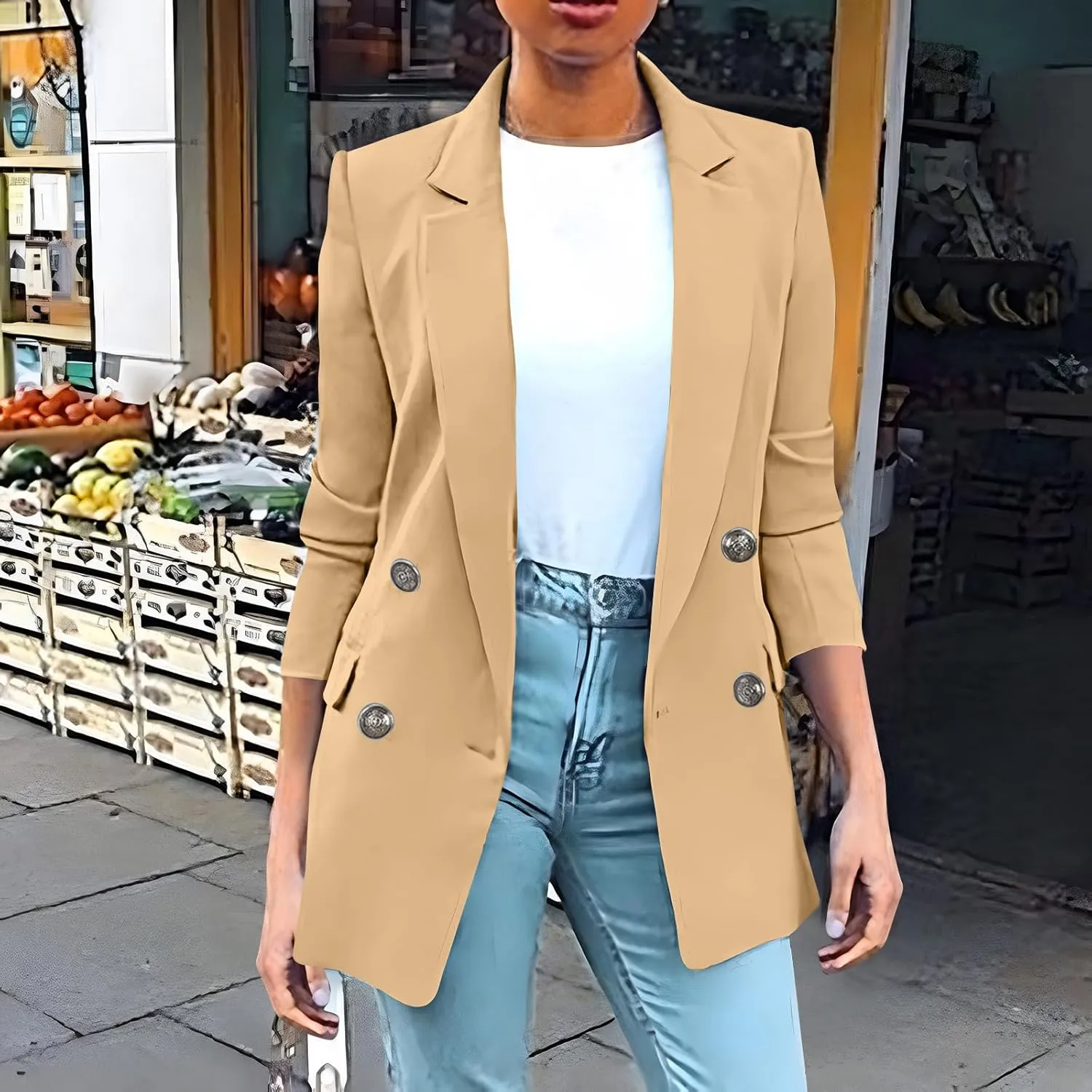 Wkishenl Blazers for Women Casual Long Sleeve Lapel Blazer Jackets Solid Button Open Front Jacket Plus Size Business Coats