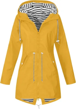 Wkishenl Womens Rain Jacket Zipper Lace Up Waterproof Hooded Long Trench Coats Striped Lined Windbreaker Travel Jacket