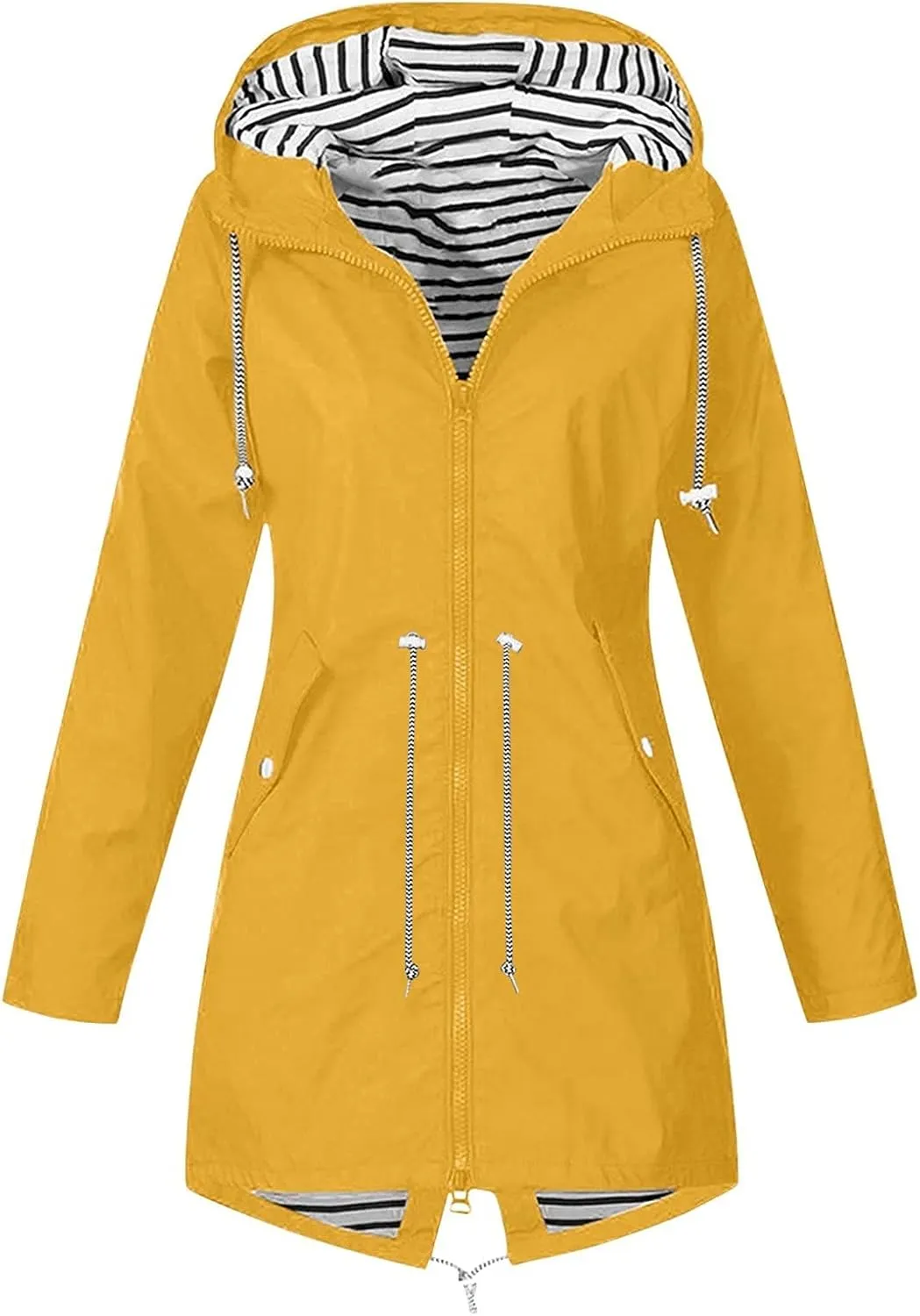 Wkishenl Womens Rain Jacket Zipper Lace Up Waterproof Hooded Long Trench Coats Striped Lined Windbreaker Travel Jacket