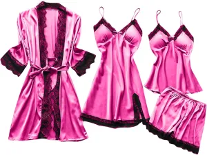 Women' Silk Satin Pajamas Set 4pcs Lingerie Plus Size Sexy Floral Lace Trim Cami Sleepwear Nightdress with Robe
