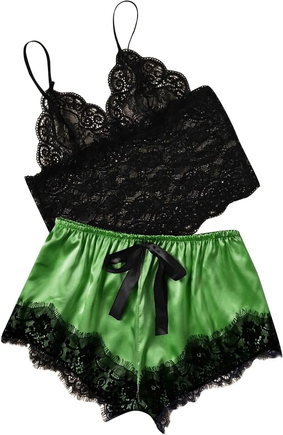 Women's 2 Piece Lingerie Lace Strappy Bralette and Silk Satin Shorts Pajama Set Mesh Sheer Naughty Sleepwear Nightie
