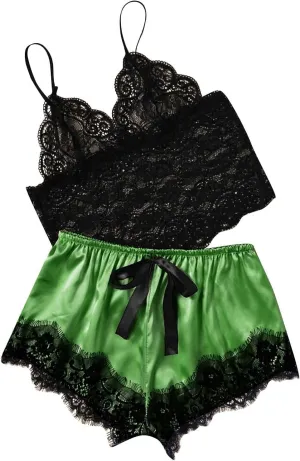 Women's 2 Piece Lingerie Lace Strappy Bralette and Silk Satin Shorts Pajama Set Mesh Sheer Naughty Sleepwear Nightie
