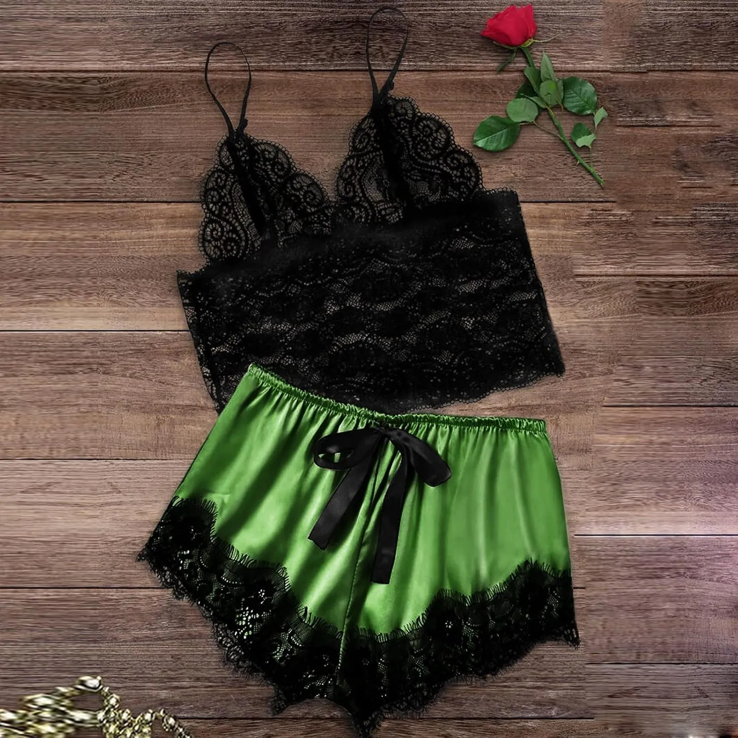 Women's 2 Piece Lingerie Lace Strappy Bralette and Silk Satin Shorts Pajama Set Mesh Sheer Naughty Sleepwear Nightie