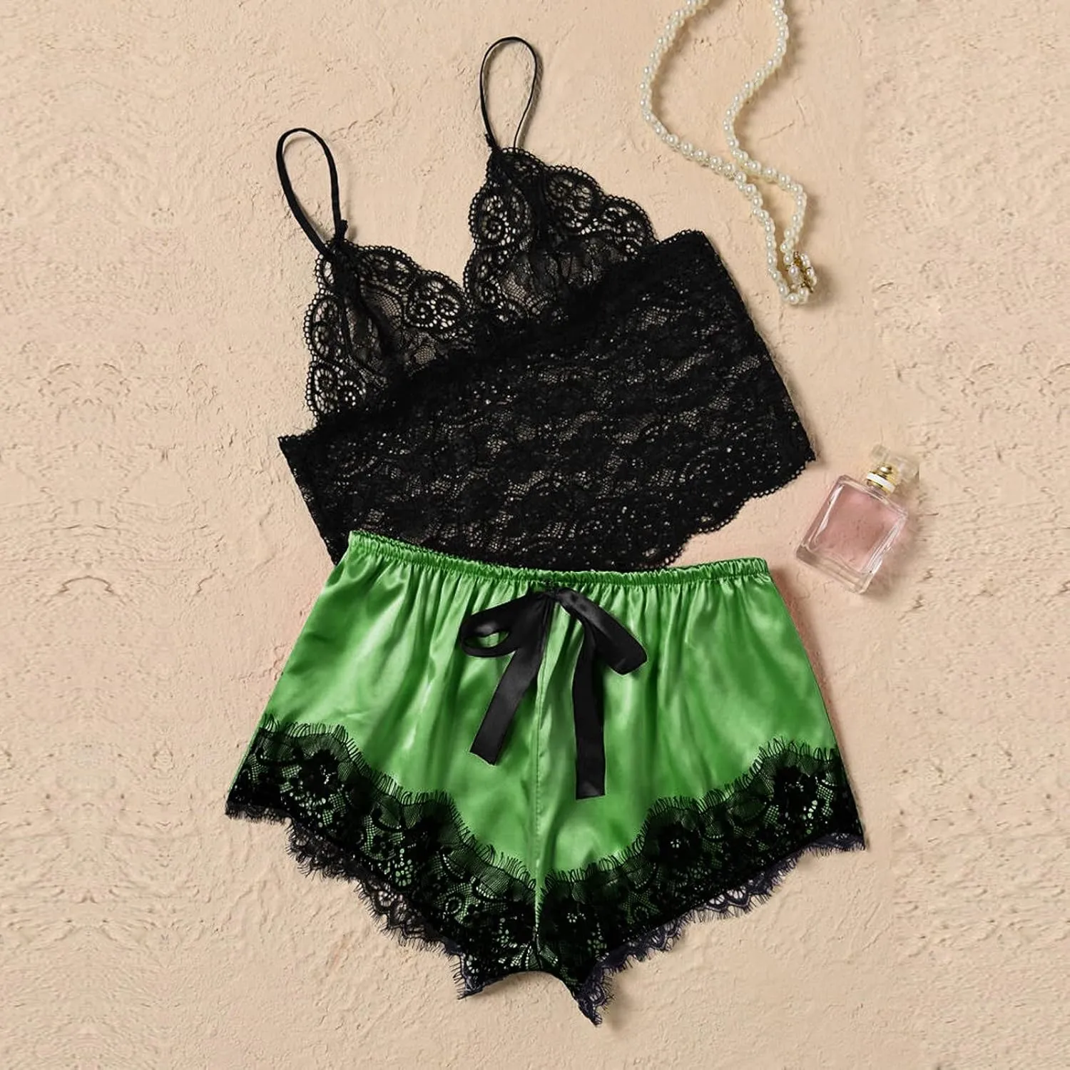 Women's 2 Piece Lingerie Lace Strappy Bralette and Silk Satin Shorts Pajama Set Mesh Sheer Naughty Sleepwear Nightie