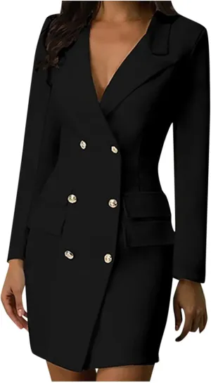 Womens Long Sleeve Blazer Dress Double Breasted Lapel Sheath Mini Dress Fall Slim Fitted Lightweight Pencil Dresses