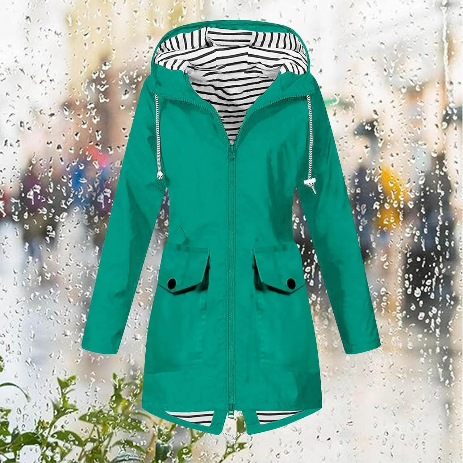ZEFOTIM Womens Rain Jacket with Hood Waterproof Light Weight Casual Raincoat with Pockets Zip Up Travel Hiking Jackets